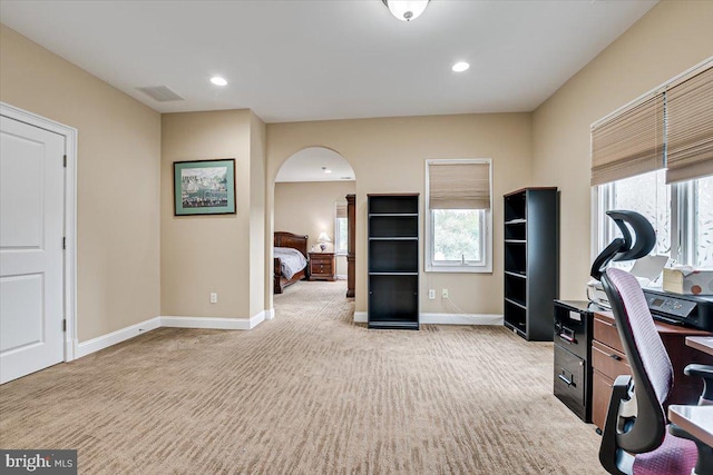 home office featuring a wealth of natural light and light colored carpet