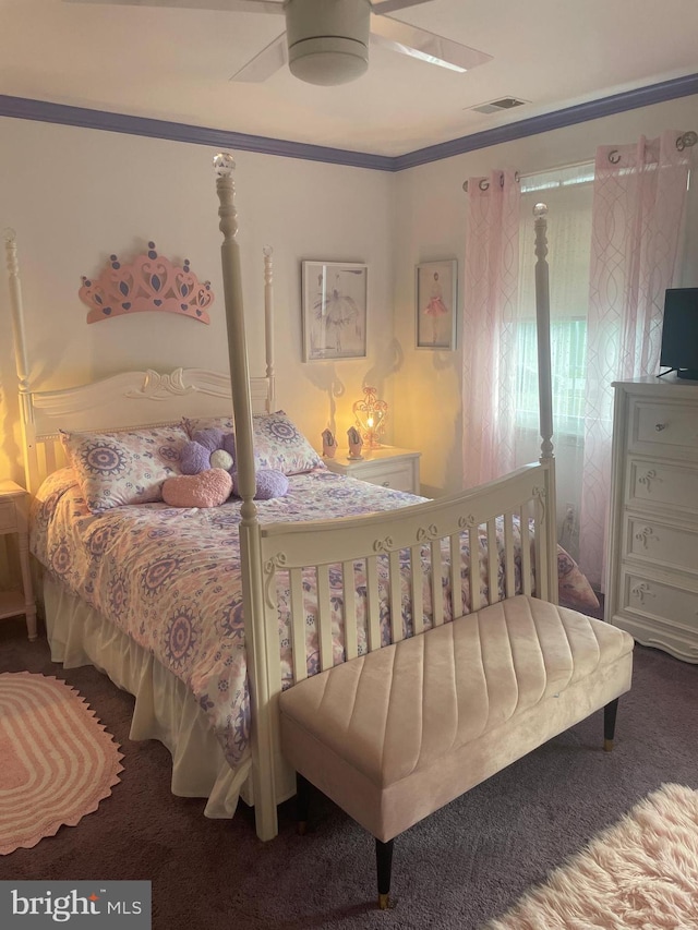 bedroom featuring ornamental molding, carpet, and ceiling fan