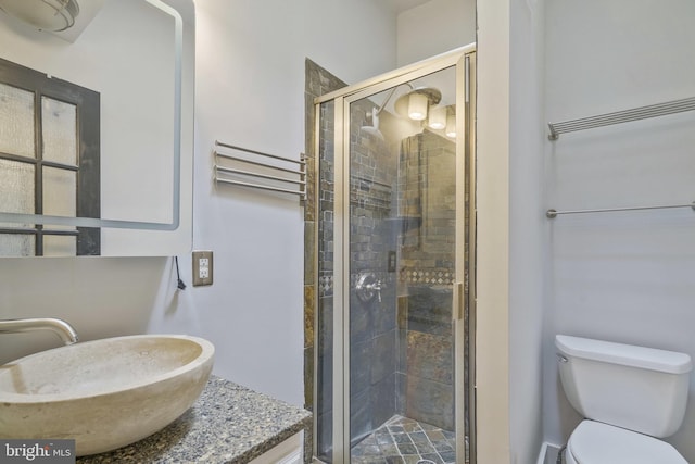 bathroom with vanity, a shower with shower door, and toilet