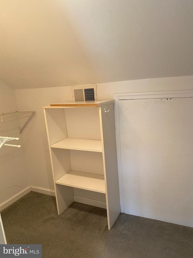 spacious closet with dark carpet and lofted ceiling