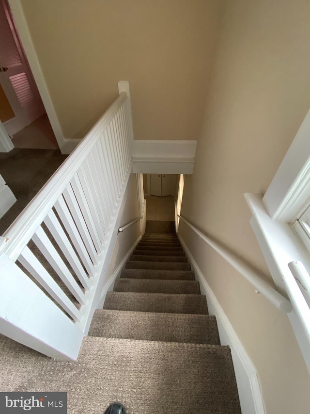 stairway featuring carpet flooring