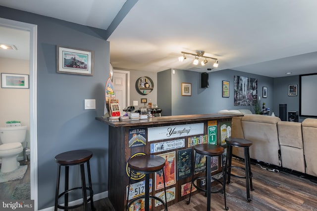 bar with dark hardwood / wood-style floors