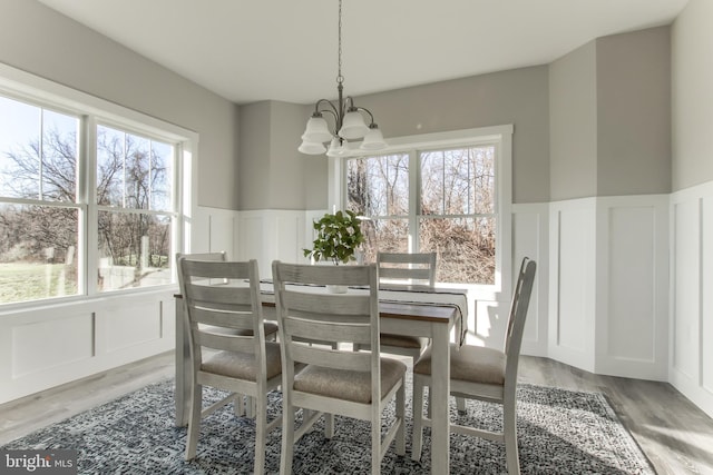 dining area with wood-type flooring and a chandelier