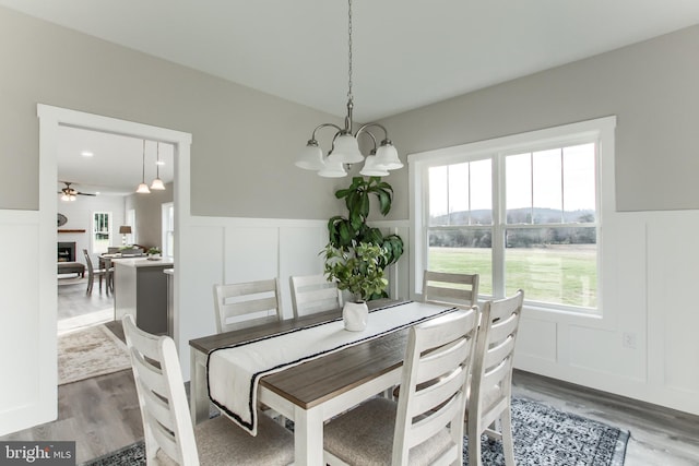 dining area featuring ceiling fan with notable chandelier and dark hardwood / wood-style floors