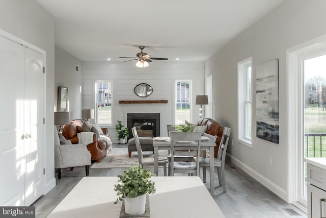 living room with light hardwood / wood-style flooring, ceiling fan, and a healthy amount of sunlight