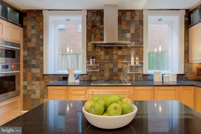 kitchen featuring a healthy amount of sunlight, island exhaust hood, appliances with stainless steel finishes, and tasteful backsplash