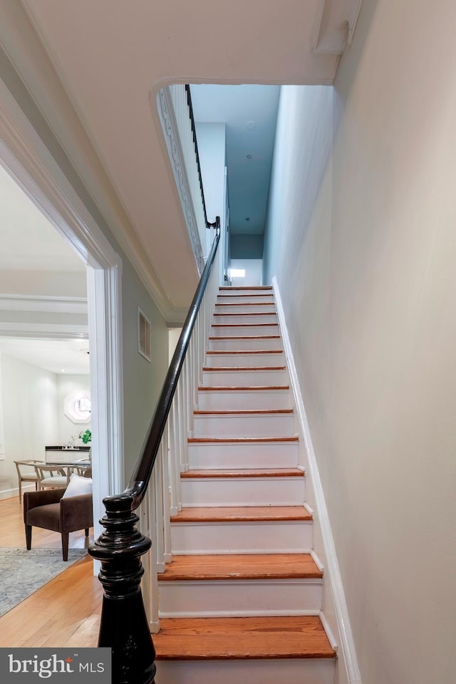 staircase with hardwood / wood-style flooring