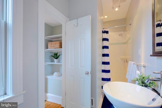 bathroom with wood-type flooring, walk in shower, and sink