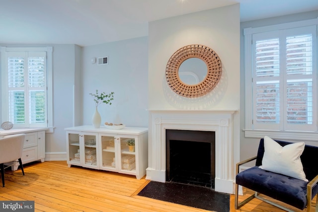 sitting room with light wood-type flooring and a healthy amount of sunlight