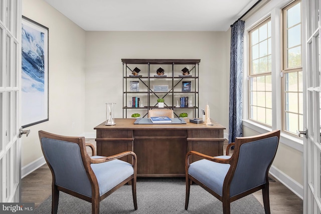 office featuring plenty of natural light and dark hardwood / wood-style floors