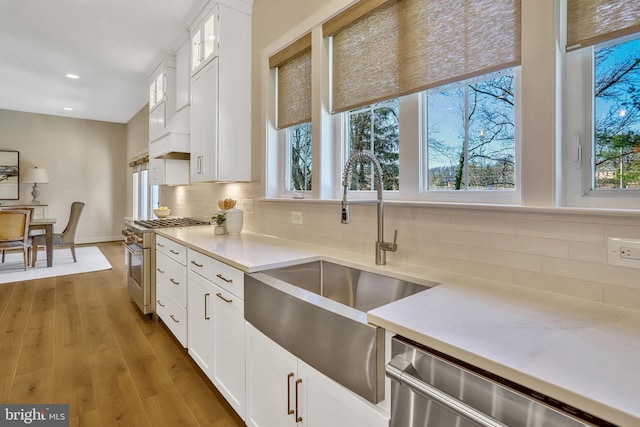 kitchen featuring stainless steel appliances, white cabinets, backsplash, and light hardwood / wood-style floors