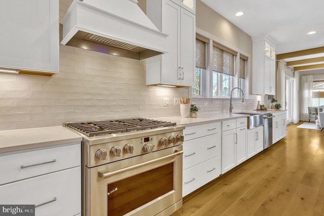 kitchen with white cabinetry, appliances with stainless steel finishes, sink, and custom range hood