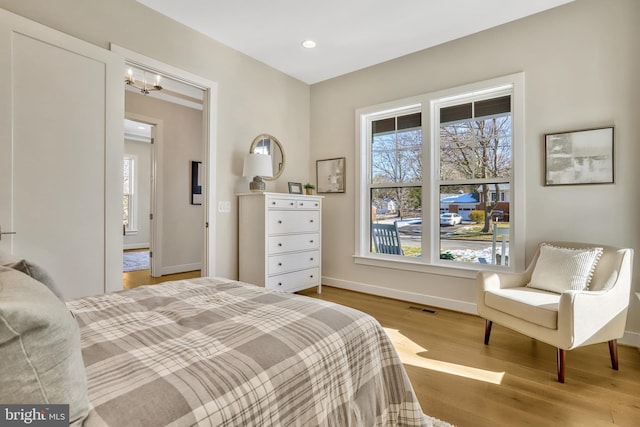 bedroom featuring multiple windows and light hardwood / wood-style floors