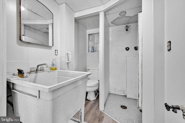 bathroom featuring walk in shower, vanity, toilet, and hardwood / wood-style flooring