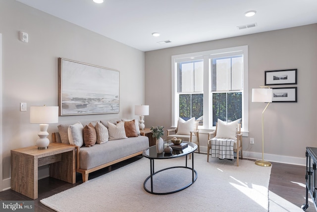 living room with dark hardwood / wood-style floors