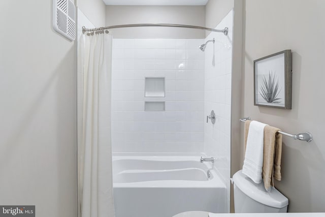 full bathroom with shower / bath combination with curtain, toilet, and visible vents