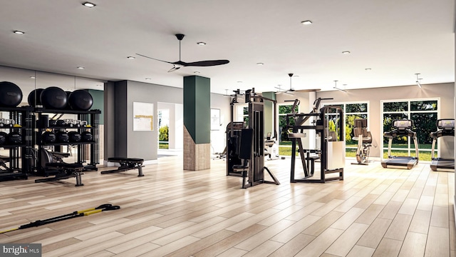 exercise room featuring light wood-type flooring and ceiling fan