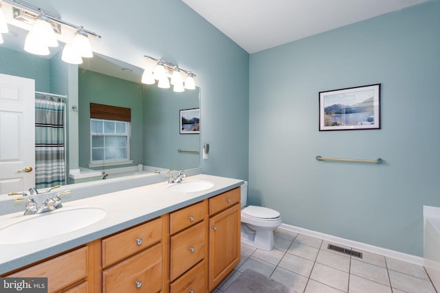 full bathroom featuring toilet, plus walk in shower, vanity, and tile patterned floors