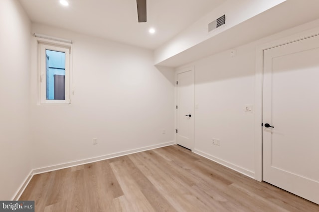 interior space with ceiling fan and light wood-type flooring