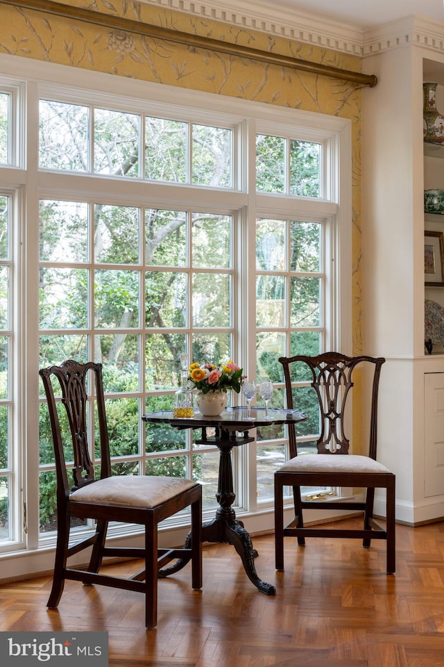 interior space featuring parquet flooring