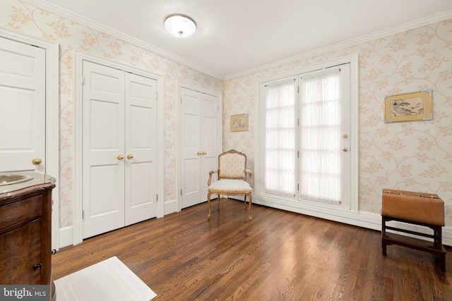 sitting room with dark wood-type flooring