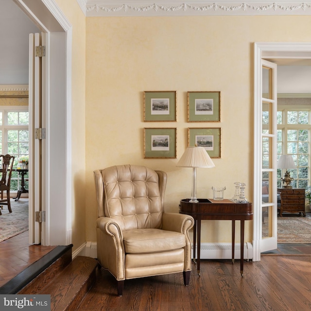 sitting room featuring a baseboard radiator and dark hardwood / wood-style flooring