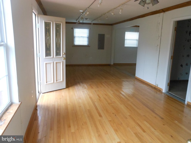 empty room featuring ornamental molding, light wood-type flooring, electric panel, and rail lighting