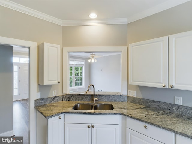 kitchen featuring sink, white cabinets, hardwood / wood-style floors, crown molding, and ceiling fan