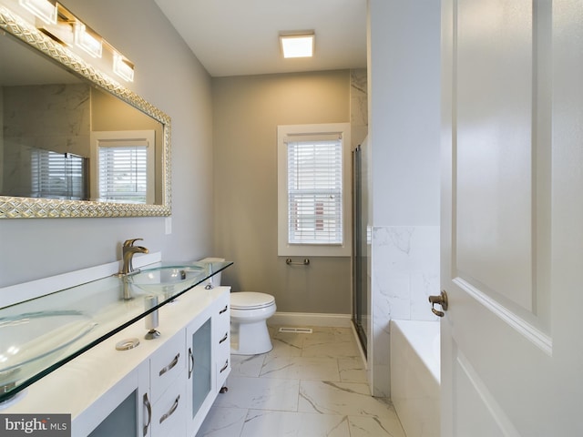 full bathroom featuring plus walk in shower, vanity, and toilet