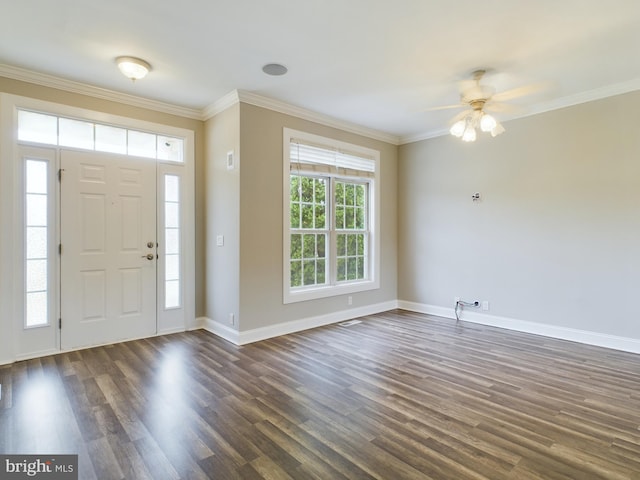 foyer featuring crown molding, dark hardwood / wood-style flooring, and ceiling fan