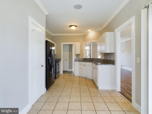 kitchen with white cabinets, black fridge with ice dispenser, crown molding, light hardwood / wood-style flooring, and stainless steel range with electric cooktop