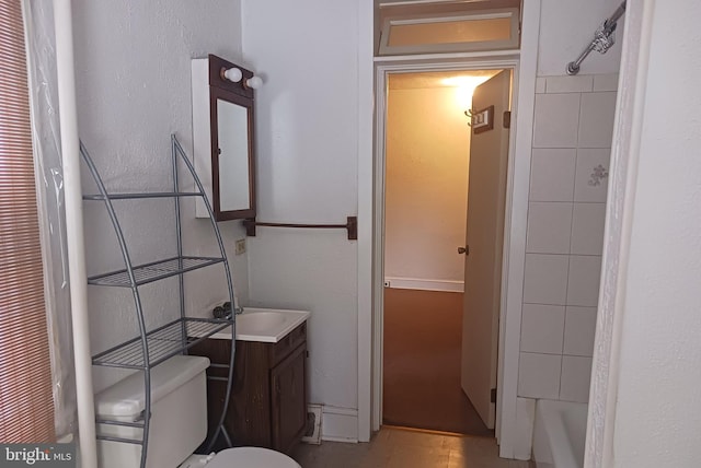 full bath with toilet, a shower, vanity, and a bathtub