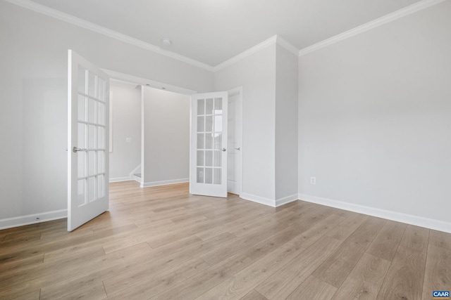 unfurnished bedroom with ornamental molding, light hardwood / wood-style flooring, and french doors