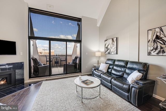 living room with dark hardwood / wood-style floors