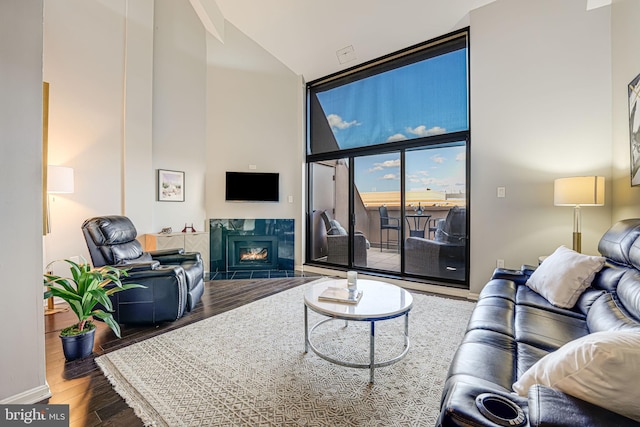 living room featuring a high end fireplace and dark hardwood / wood-style flooring