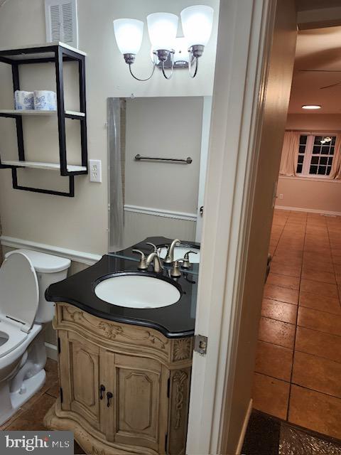 bathroom with vanity, toilet, and tile patterned floors