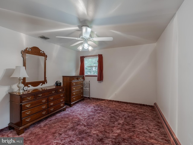 bedroom featuring a baseboard radiator, ceiling fan, and dark carpet