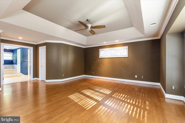 unfurnished room with light hardwood / wood-style flooring, a healthy amount of sunlight, a raised ceiling, and ceiling fan