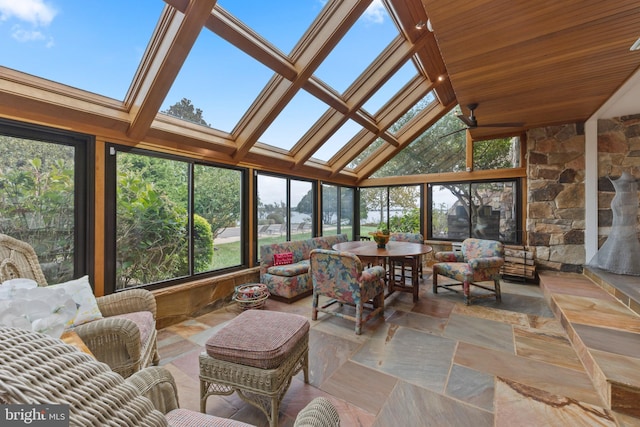 sunroom featuring wooden ceiling and lofted ceiling with skylight