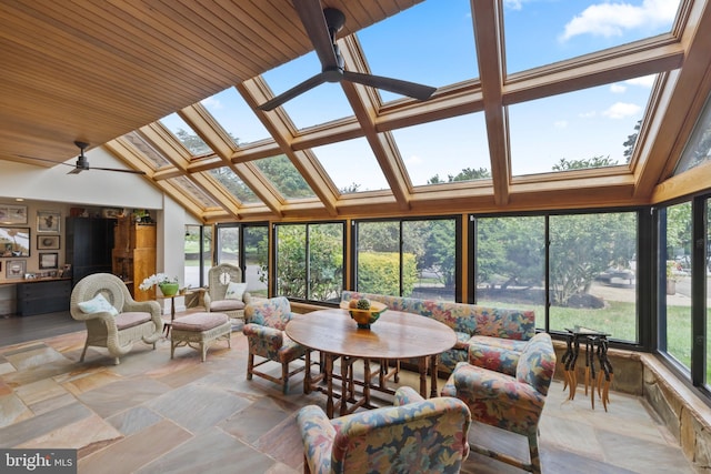 sunroom / solarium featuring ceiling fan, wooden ceiling, and lofted ceiling with skylight