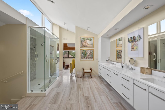 bathroom featuring hardwood / wood-style flooring, vanity, an enclosed shower, and vaulted ceiling