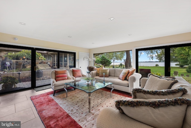 living room featuring light tile patterned flooring