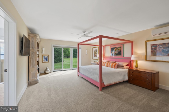 carpeted bedroom featuring ceiling fan, access to exterior, and a wall mounted AC