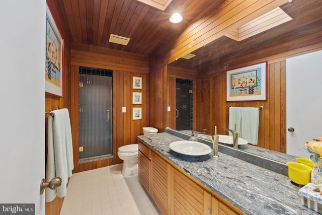 bathroom featuring an enclosed shower, toilet, wooden walls, vanity, and wood ceiling