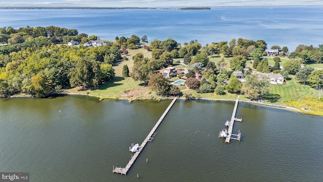 birds eye view of property featuring a water view