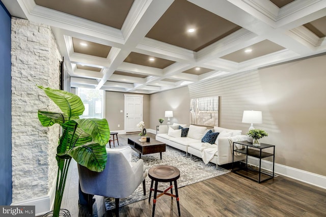 living room with coffered ceiling, beamed ceiling, dark hardwood / wood-style floors, and crown molding