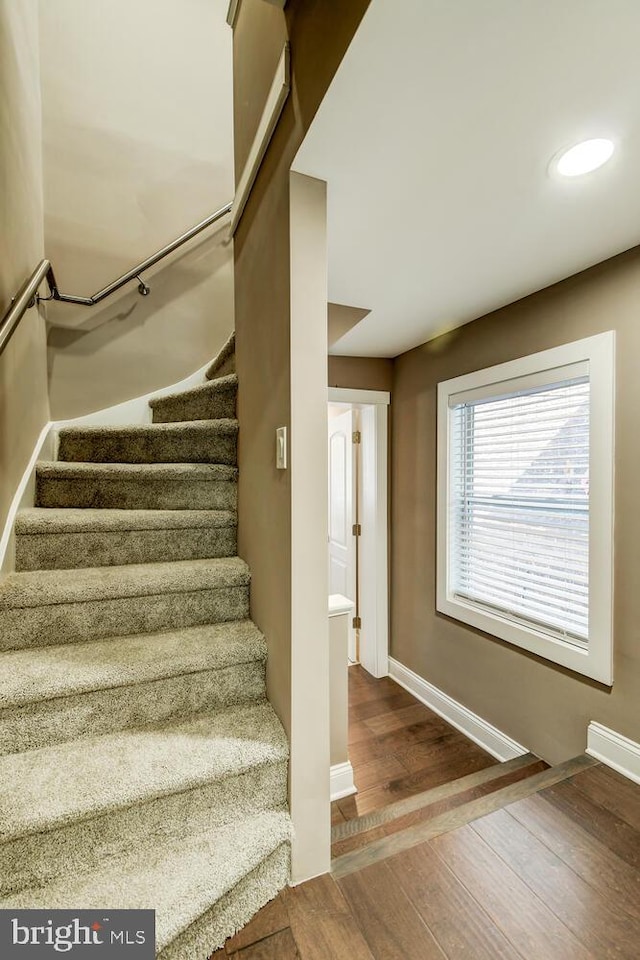 staircase with hardwood / wood-style floors