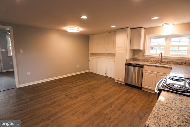 kitchen with dark wood-style flooring, white cabinets, dishwasher, recessed lighting, and a sink