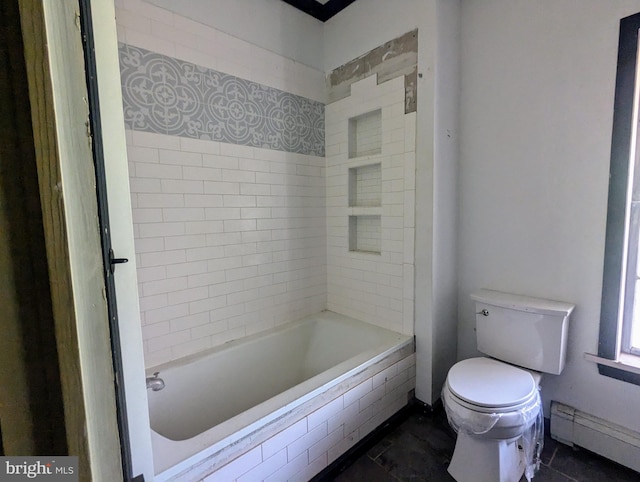 bathroom featuring a baseboard radiator, tile patterned flooring, separate shower and tub, and toilet