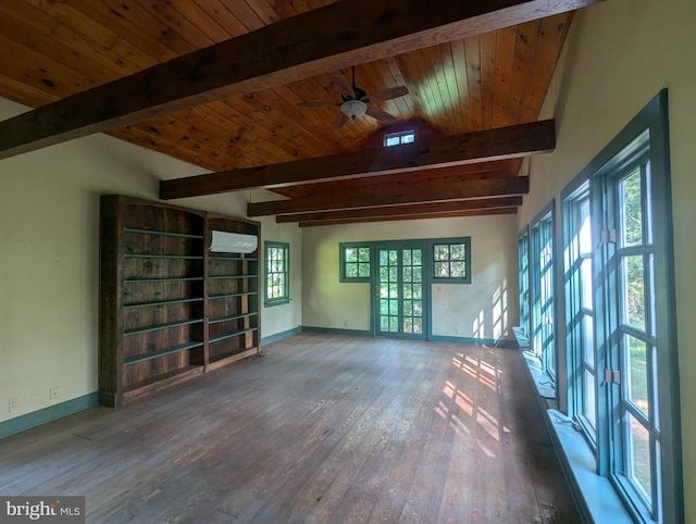 spare room with wooden ceiling, vaulted ceiling with beams, ceiling fan, and hardwood / wood-style flooring